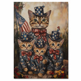 Charming Patriotic Bengal Cat Family Oil Painting with Mother Cat and Three Kittens in Starry Outfits and Bow Ties on Ready to Hang 1.5" Thick Canvas Wrap, Floating Framed Canvas, Flat Rolled Canvas